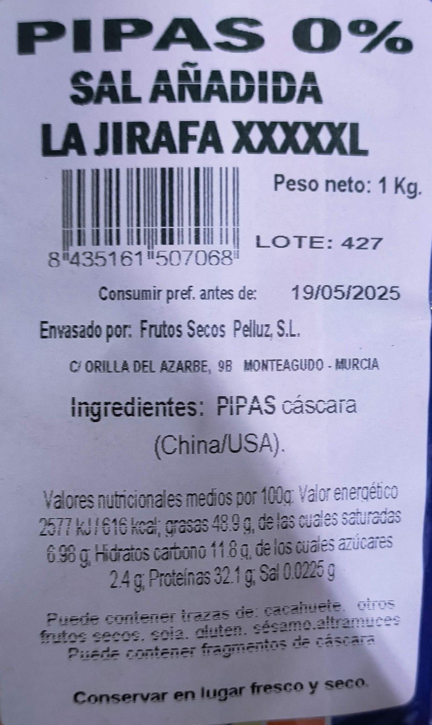 Pipas de Girasol Tostadas sin Sal 1 Kg