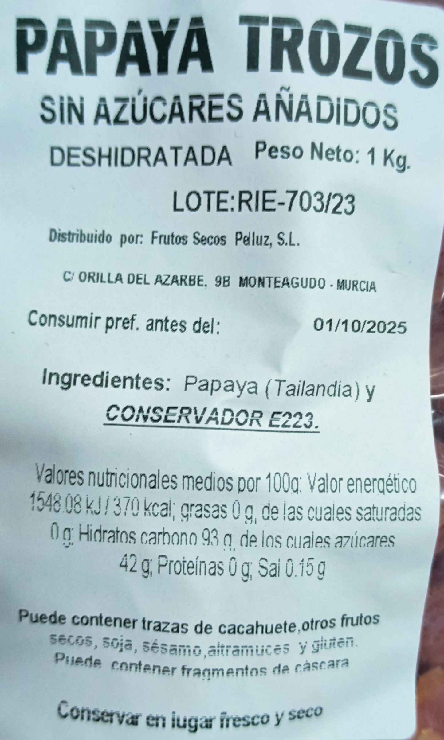 Papaya deshidratada sin azúcar añadida 1 Kg