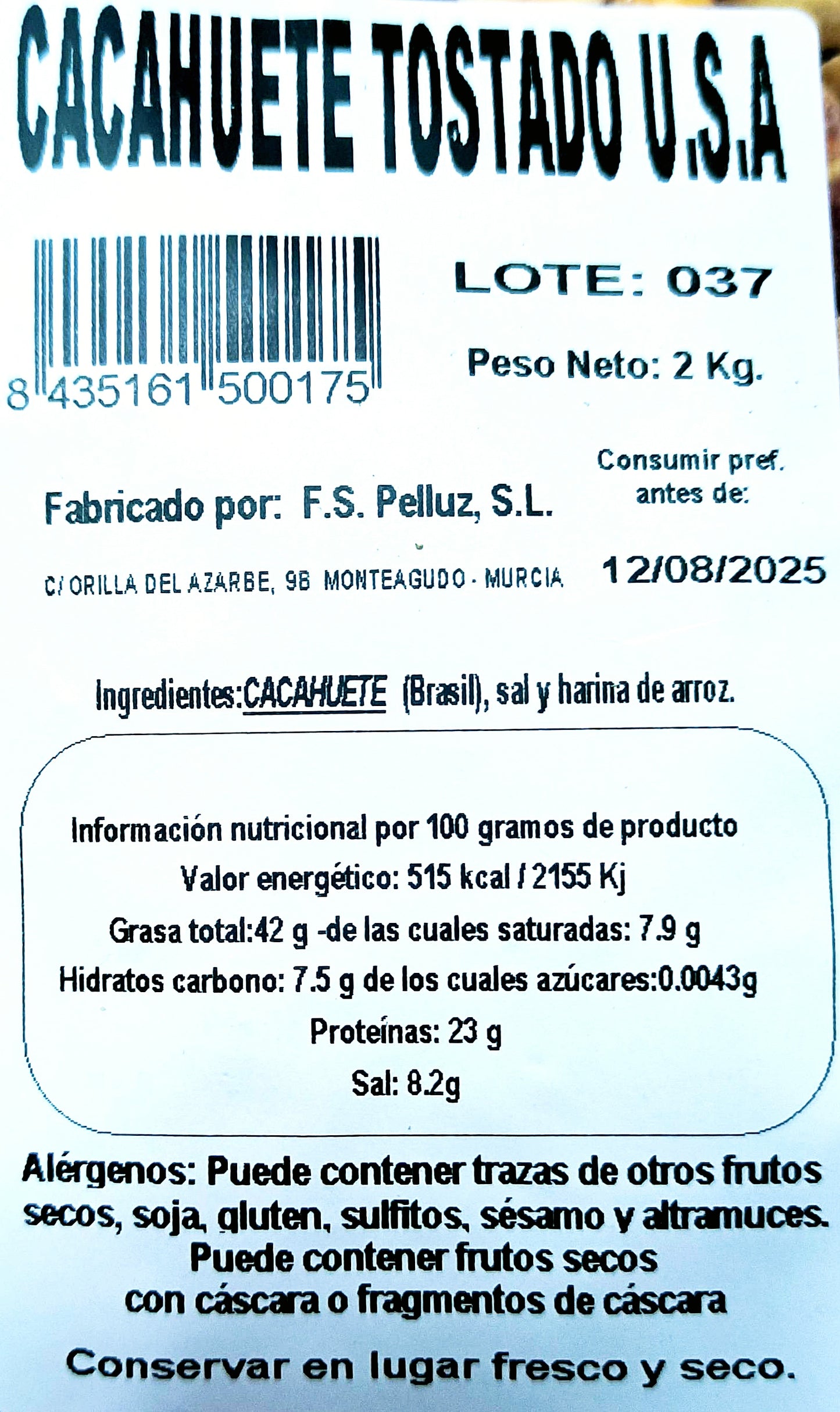 Cacahuetes Tostados con Sal 2 Kg