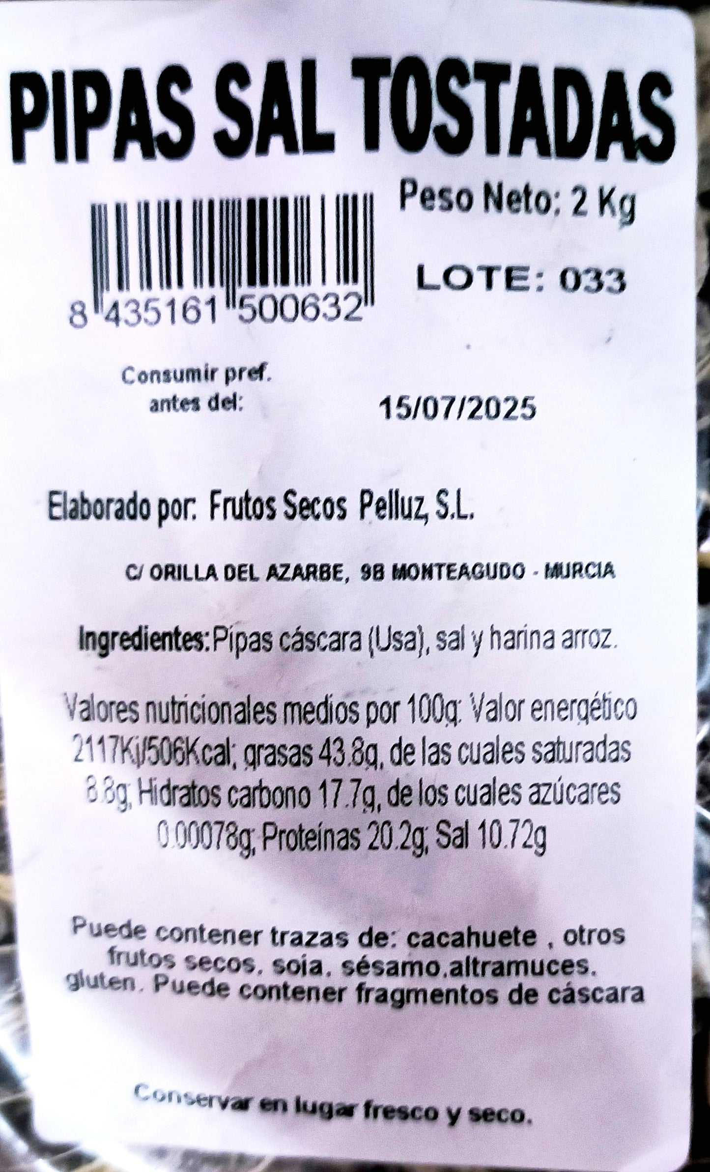 Pipas de Girasol Tostadas con Sal 2 Kg