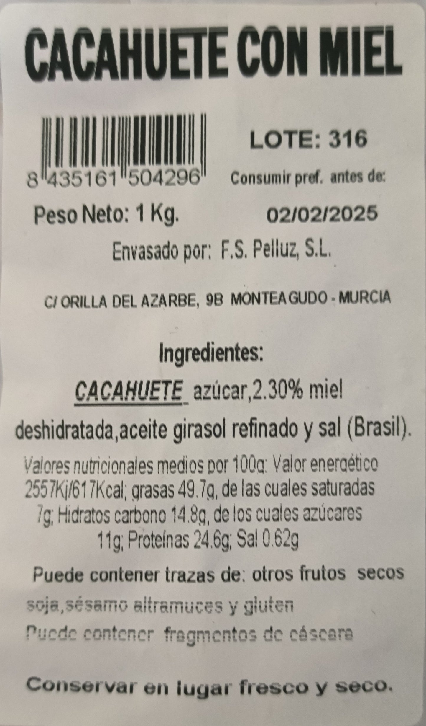 Cacahuetes con miel 1 Kg - SIN COLORANTES NI CONSERVANTES
