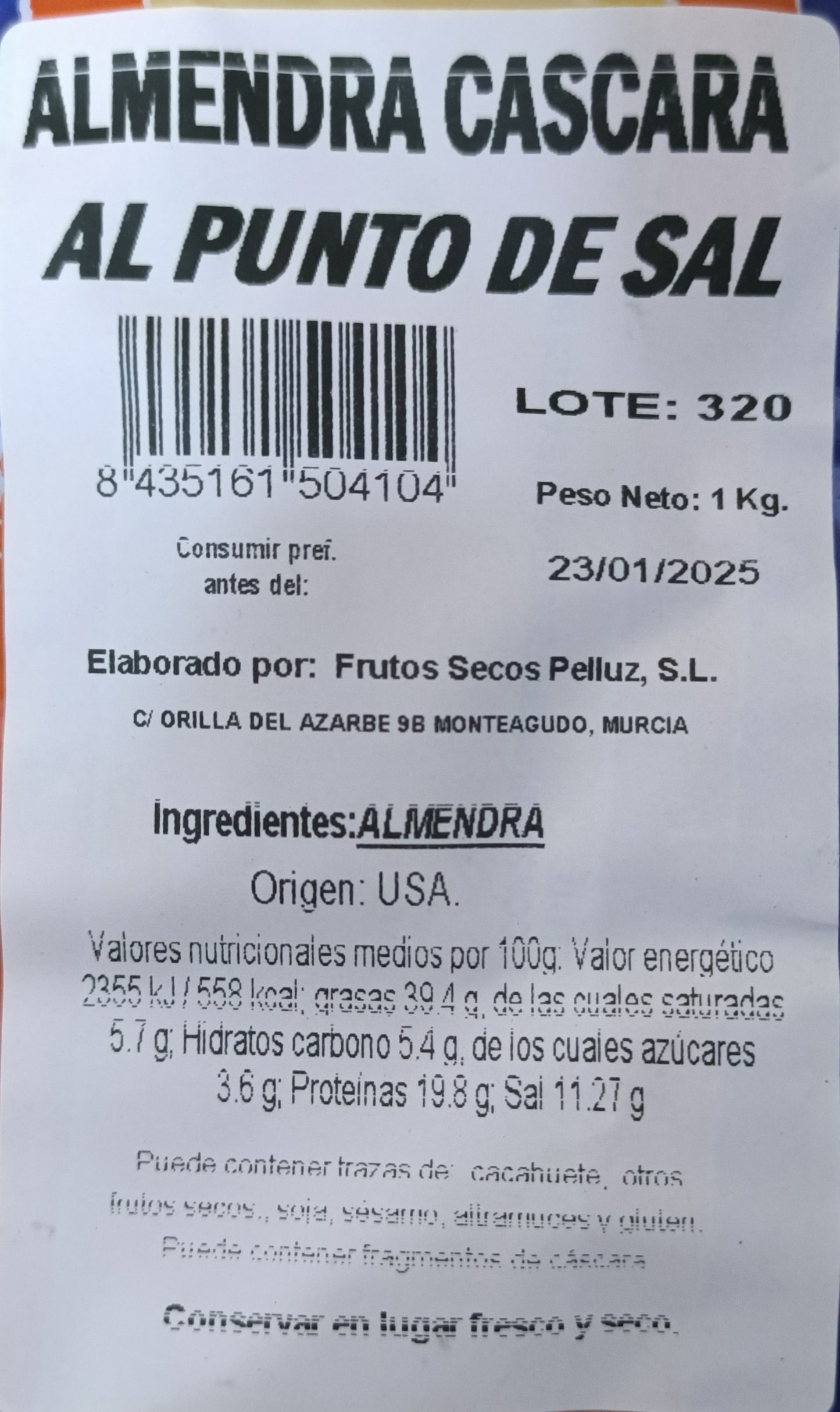 Almendra tostada con cascara al punto de sal 1 Kg