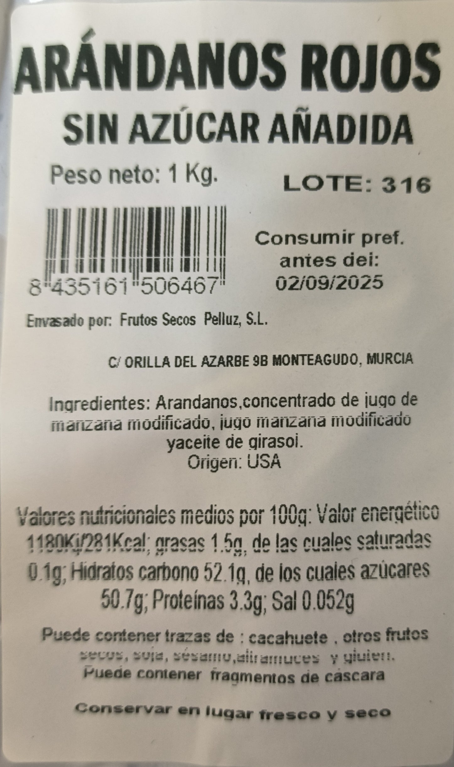 Arandano Rojo Sin Azucar añadida 1 KG