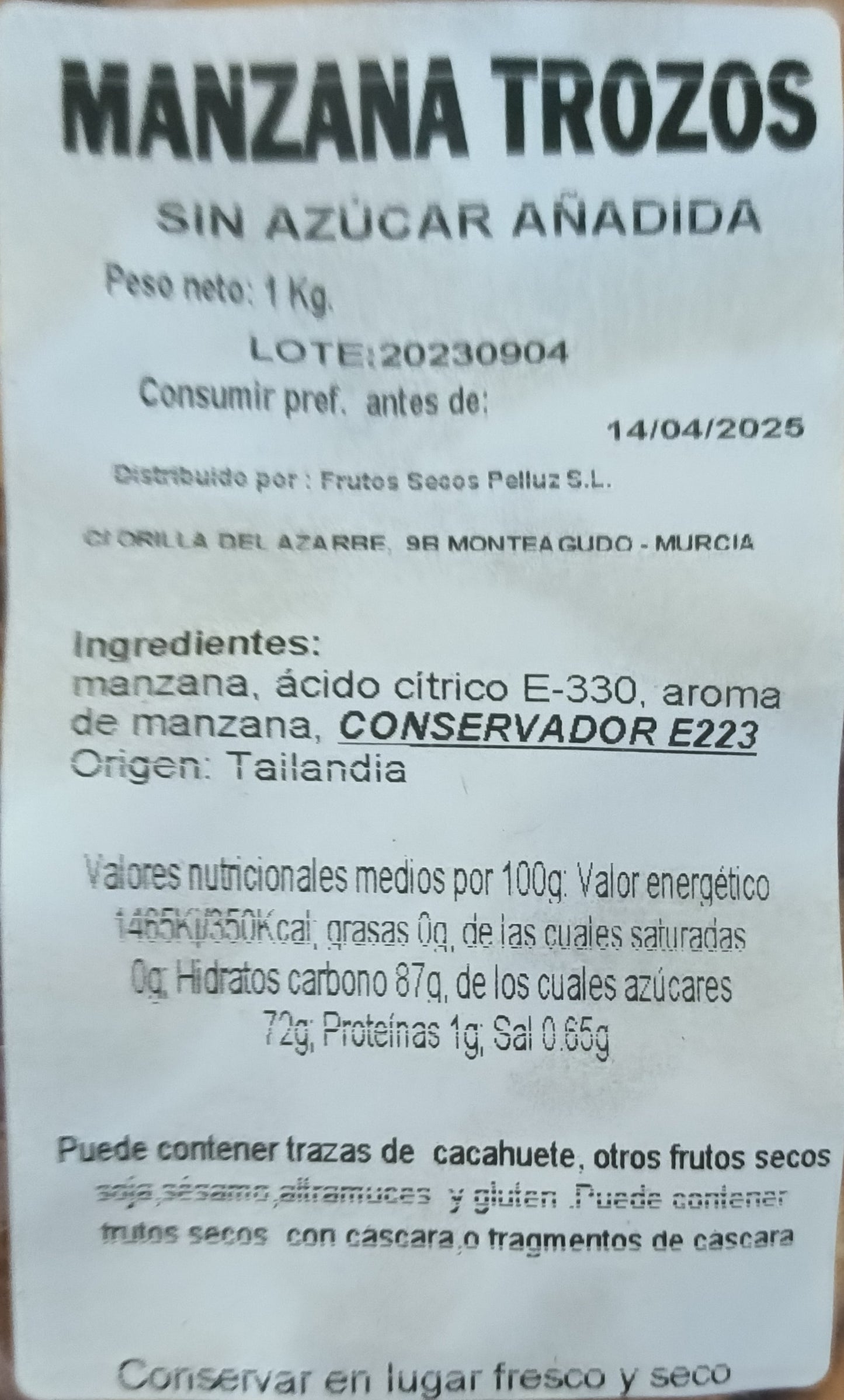 Manzana Deshidrata 1 Kg sin azúcar añadido y sin grasas saturadas